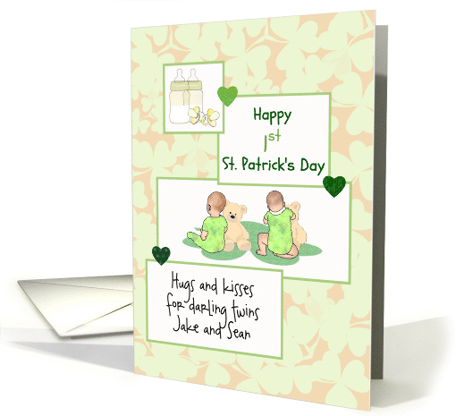 Twin Babies First St Patrick's Day Twins Playing with Teddy Bears card