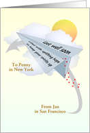 Get Well Wishes from Afar Folded Paper Plane Carrying Wishes card