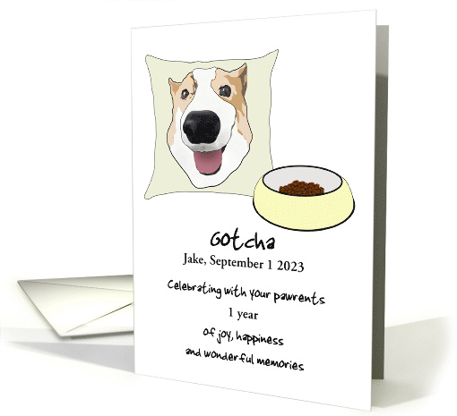 Pet Adoption Anniversary Dog Cushion and Food Custom Name Date card
