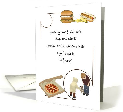 Custom Birthday Parents to Twin Boys Burger Fries Hot Dog Pizza card