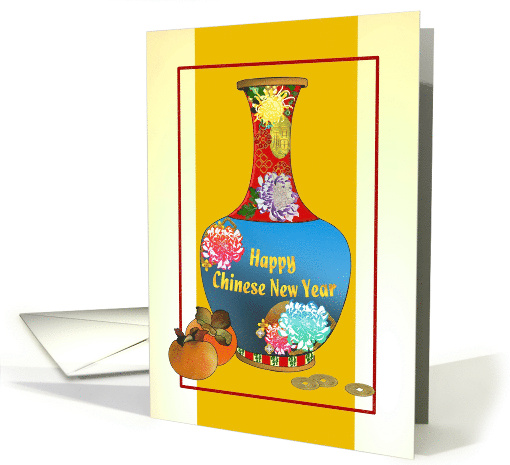 Chinese New Year 2026 Colorful Ornate Vase Persimmons Coins card