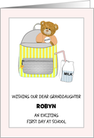Granddaughter First Day at Preschool Backpack Teddy Carton of Milk card