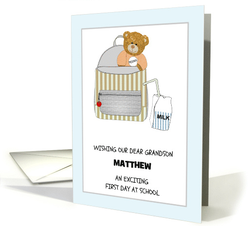 Grandson First Day at Preschool Backpack Teddy Carton of Milk card