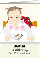 Cute Baby Girl First Christmas Sitting in High Chair card