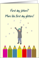 New School First Day Glitters Not Jitters Girl With Arms Up in Air card