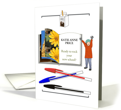 First Day Ready to Rock New School Girl Next to Large Custom Book card