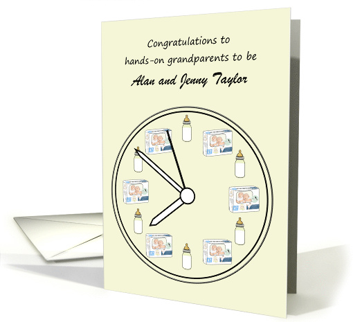 Grandparents To Be Diaper Packs and Formula Bottles on Clock Face card