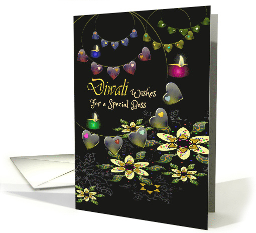 Diwali Greetings for Boss Lit Oil Lamps Colorful Rangoli Patterns card