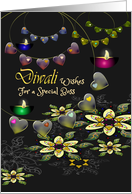 Diwali Greetings for Boss Lit Oil Lamps Colorful Rangoli Patterns card