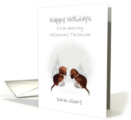 Happy Holidays Veterinary Technician Beagle Puppies Snow Scene card