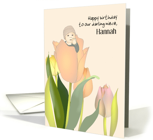 Custom Name Birthday Baby Niece Baby Nestling Inside Tulip Flower card