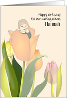 Custom Name Birthday Baby Niece Baby Nestling Inside Tulip Flower card