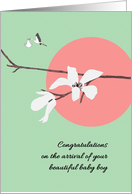 New Baby Boy Stork Carrying Baby White Florals on Branch Pink Sun card