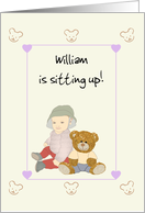 Baby Milestone Baby Is Sitting Up Teddy and Baby Sitting Side By Side card