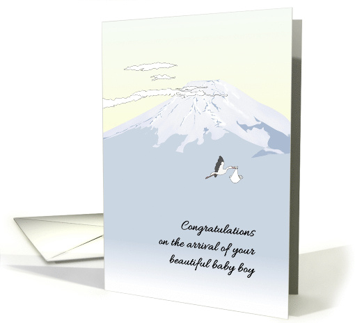 New Baby Boy Stork Carrying Baby Snow Capped Mountain Clear Sky card