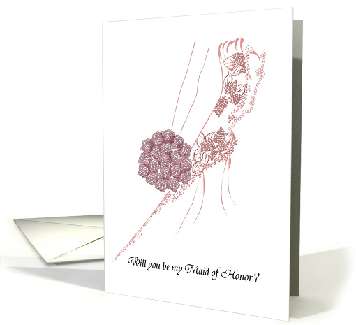 Be My Maid Of Honor Hand Drawn Laced Wedding Gown And Bouquet card