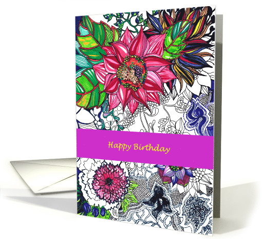 Birthday Hand Drawn Colorful Flowers and Lace card (855275)