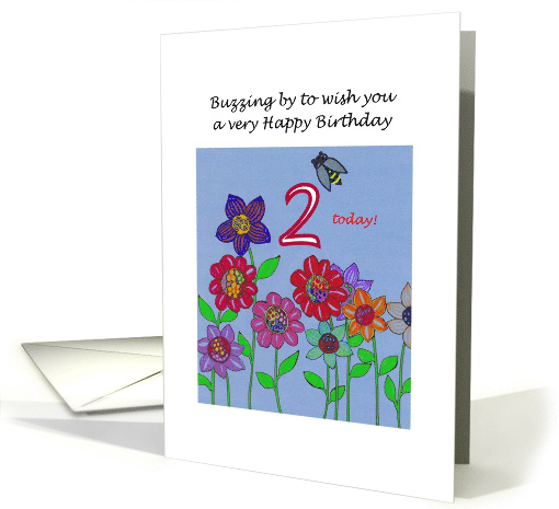 2nd Birthday Hand Drawn Busy Bee and Colorful Flowers card (856194)