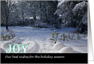 Season’s Greetings Snow Covered Lawn and Trees Christmas card