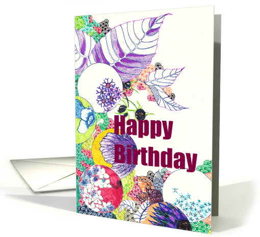 Birthday Hand Drawn Abstract of Leaves and Floral Spheres card