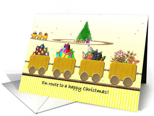 Christmas Toy Train Carrying Ornaments To The Holiday Tree card