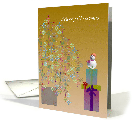 Christmas Snowman On Top Of Presents And Looking At Tree card (867372)