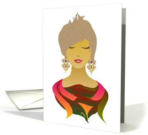 Lady Short Styled Hair Ornate Earrings Colorful Blouse Birthday card
