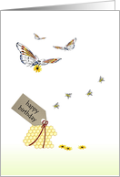 Birthday Butterflies and Bees Bringing Flowers and Wishes card
