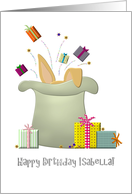 Birthday For Isabella Bunny In A Hat With Presents card
