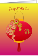 Chinese New Year Red Lantern With Flowers And Character For Luck card