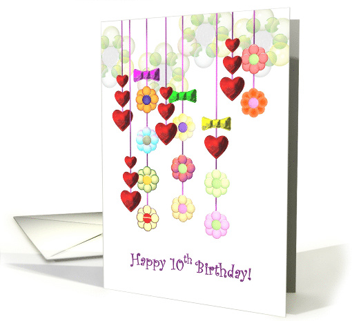 10th Birthday Strings of Colorful Flowers and Red Hearts card (888566)