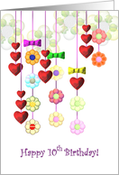 10th Birthday Strings of Colorful Flowers and Red Hearts card