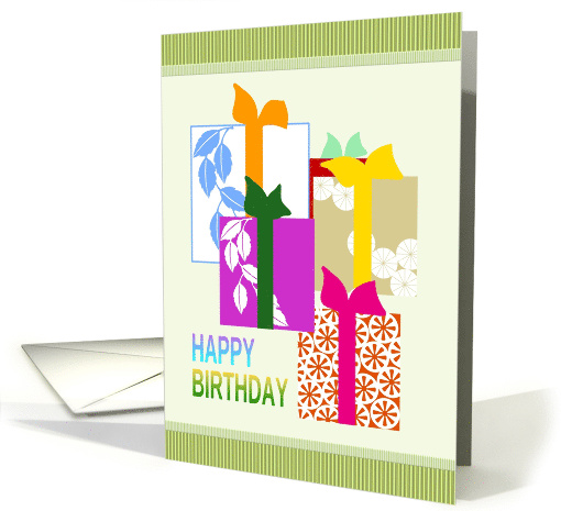 Presents Wrapped In Colorful Patterned Paper Birthday card (889239)