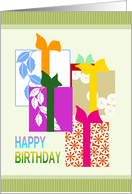 Presents Wrapped In Colorful Patterned Paper Birthday card