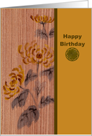 Birthday Ink Painting Of Chrysanthemums On Wood card