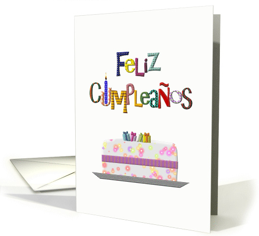 Spanish Birthday Greeting Colorful Greeting Cake And Presents card