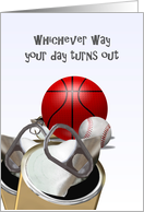 Birthday Greeting Ball Games and Empty Drink Cans card