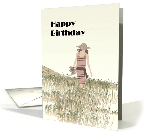 Birthday Greeting For Friend Sepia Of Lady Walking In A Field card