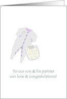 New Baby Congratulations to Son and Partner Babywear and Bib card