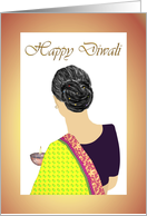 Happy Diwali Lady in a Yellow Sari and Holding an Oil Lamp card