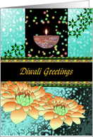 Diwali Oil Lamp Colorful Lights Abstract Patterns and Floral Blooms card