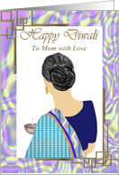Happy Diwali to Mom Lady in Blue Sari Holding Oil Lamp card