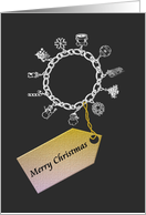 Christmas, Silver Christmas charms on a bracelet card