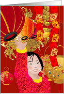 Joyful Chinese New Year Girl Waving Colorful Lanterns card