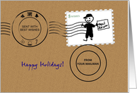 Christmas Holiday Greetings From Mailman Envelope And Postage Stamp card