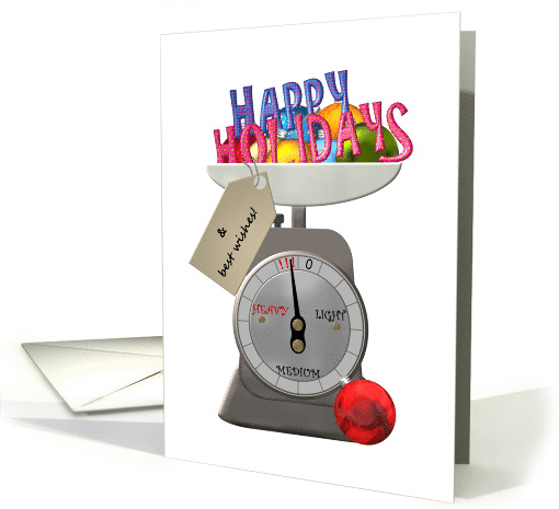 Christmas holiday greeting and baubles on a weighing scale card