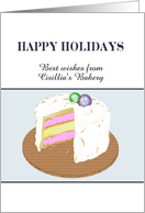 Customizable holiday greeting from bakery to customers, Layered sponge cake, buttercream icing and decorated with baubles card