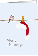 Chirpy Christmas Greeting Bird On Washing Line Santa’s Hat card