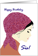 Birthday for sister, Lady wearing headscarf and hoop earrings card