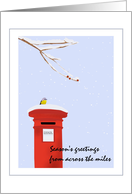 Season’s Greetings from Across the Miles Bird on Top of Red Letter Box card